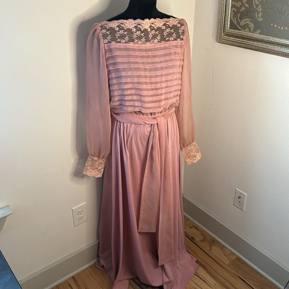 Themes Pink‎ lace chiffon long sleeves long dress vintage Sz 10